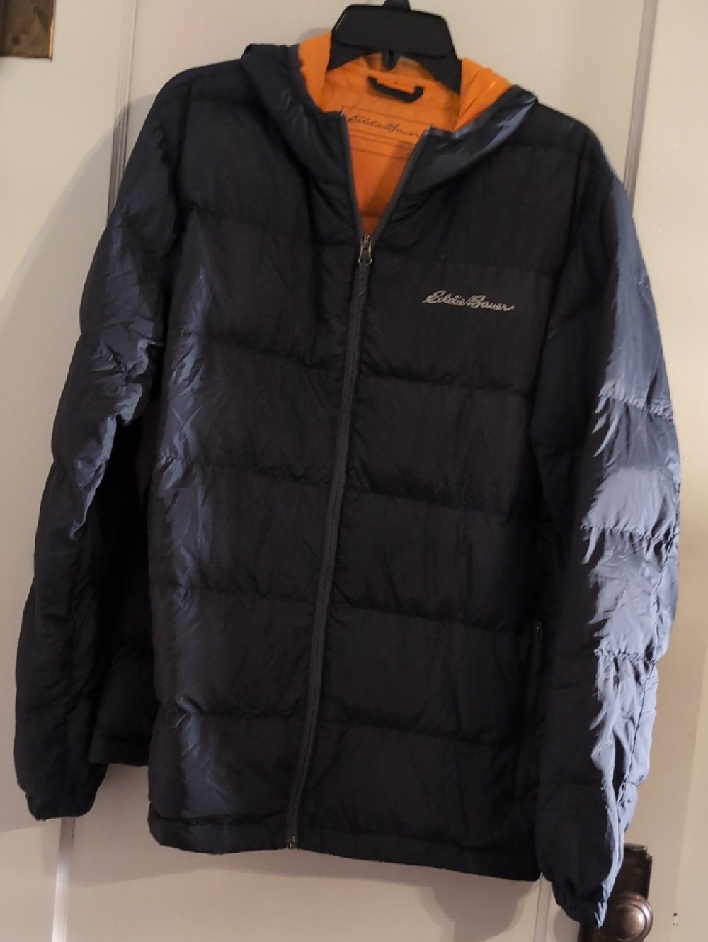 Eddie Bauer Mens Navy Puffer Jacket with Orange Hood Lining, Large